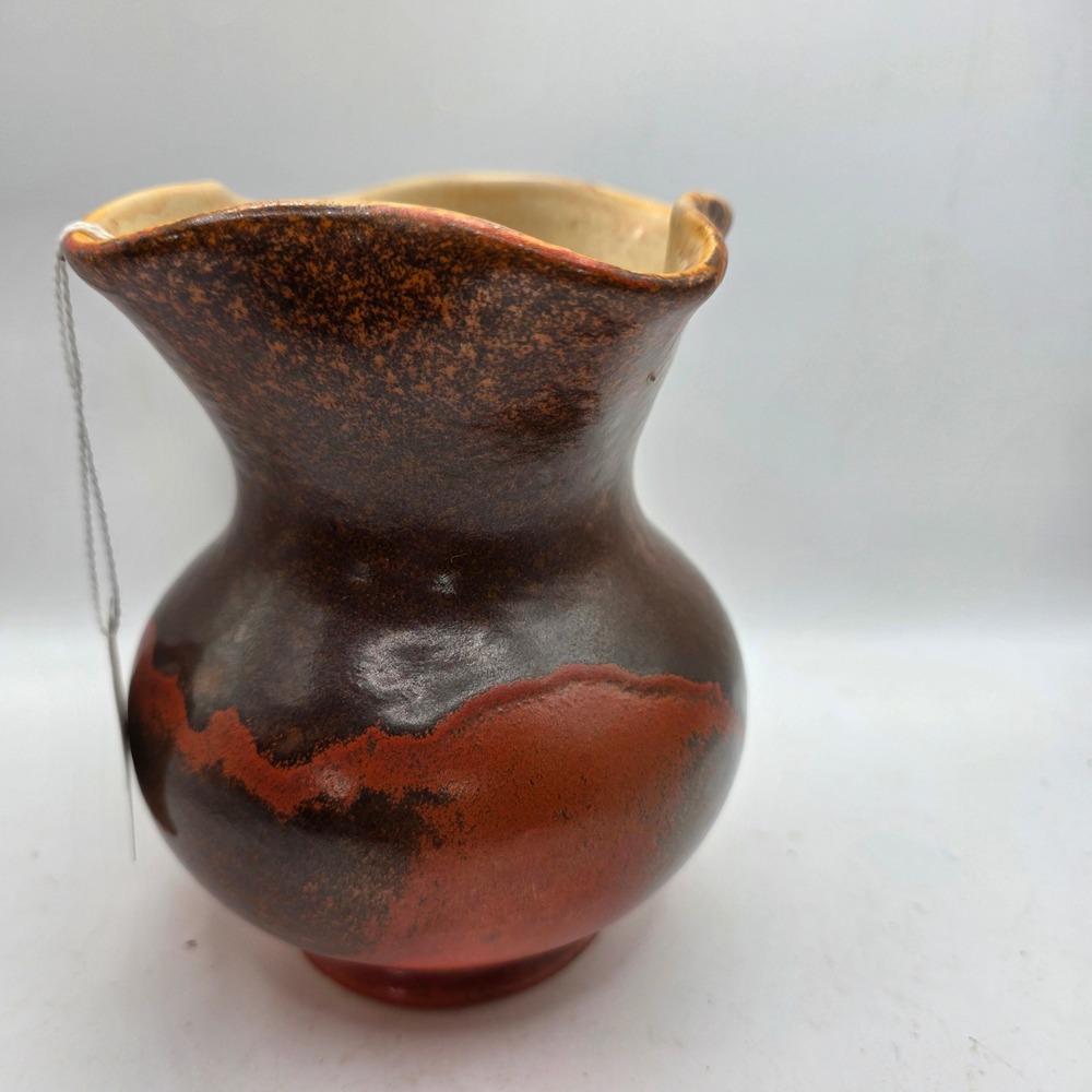 Vintage RumRill Art Pottery Vase Brown Red Mottled Glaze Ruffled Rim Art Deco